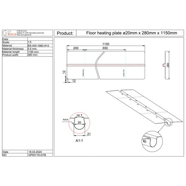 Varmefordelingsplade alu 0,5x280x1150 mm t/Ø20 mm rør med låsetap