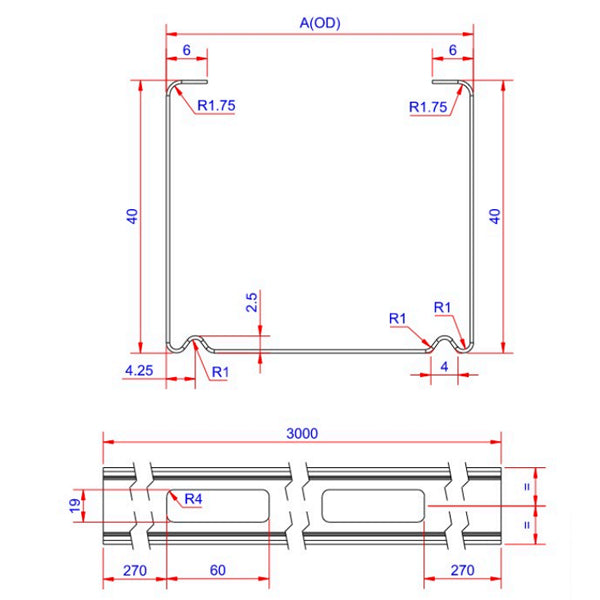Stållægte til gips m/kabelhul 120 mm - 3 meter