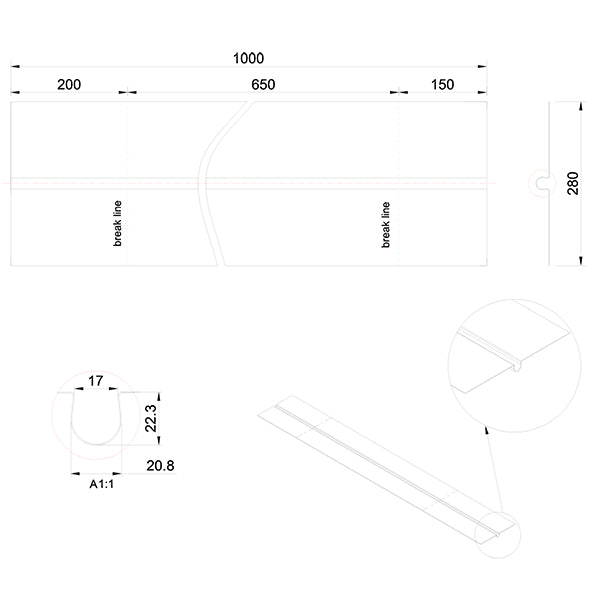 Varmefordelingsplade alu 0,4x280x1000 mm t/Ø20 mm rør uden låsetap