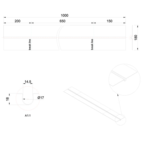 Varmefordelingsplade alu 0,4x180x1000 mm t/Ø17 mm rør uden låsetap