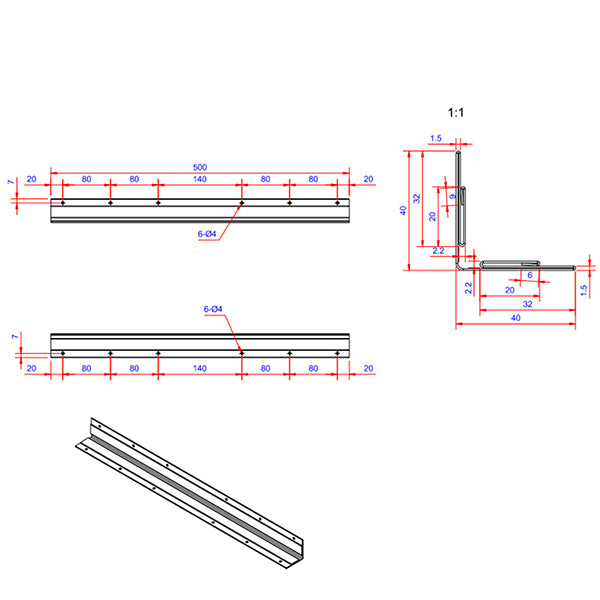 Fals 40x40x500 mm 90 grader (indvendig hjørne) - ALU