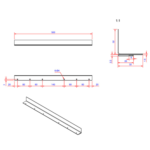 Stop fals 32x32x500 mm (endestykke) - ALU